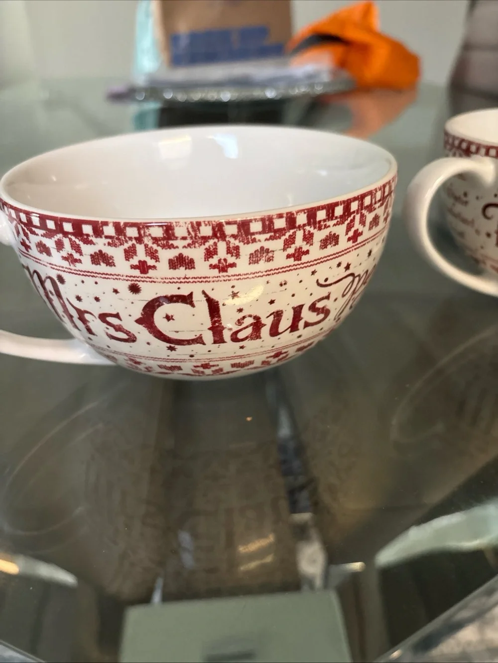 Pier 1 vintage Red and White 'Mrs. Claus' Holiday Ceramic Mugs set of 2